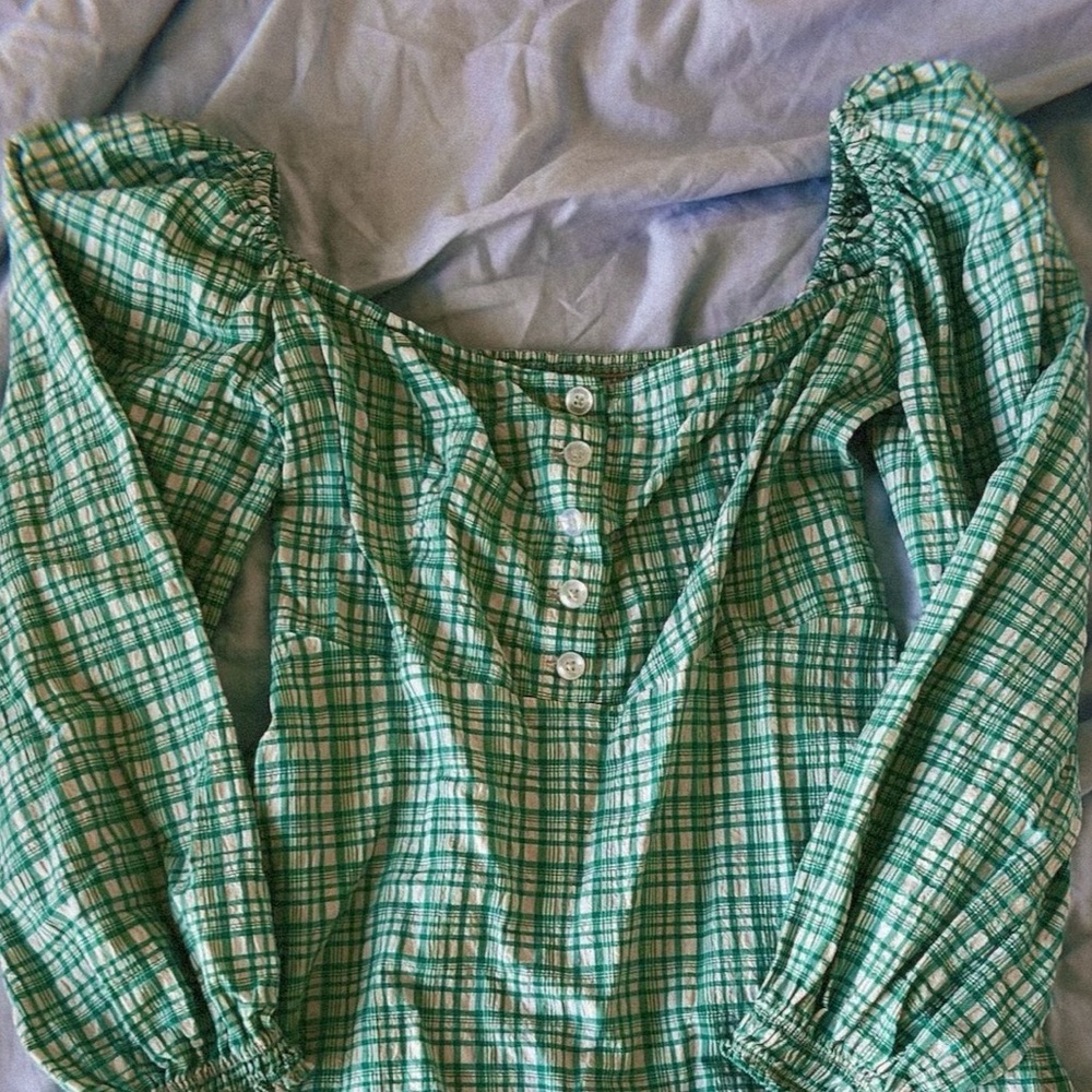 Urban Outfitters Green Plaid Puff Sleeve Mini Dress